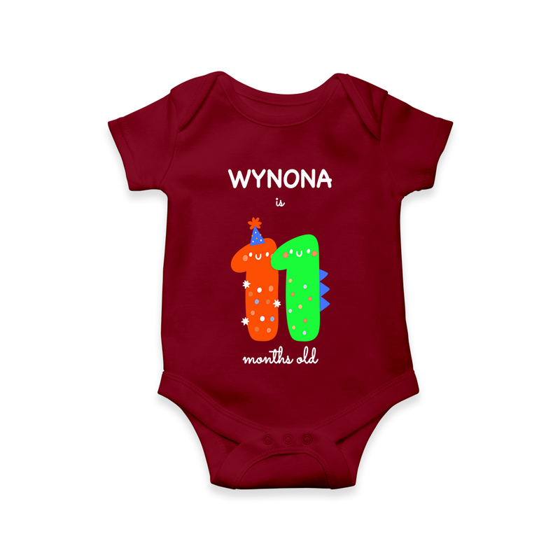 Celebrate The Eleventh Month Birthday Custom Romper, Featuring with your Baby's name - MAROON - 0 - 3 Months Old (Chest 16")