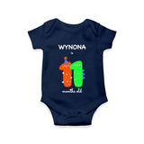 Celebrate The Eleventh Month Birthday Custom Romper, Featuring with your Baby's name - NAVY BLUE - 0 - 3 Months Old (Chest 16")