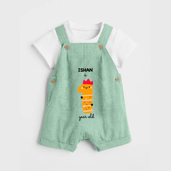 Milestone Dungaree Set for 1st Year | Soft Cotton Personalized Dungaree Set | Unisex Design - MINT GREEN - 0 - 5 Months Old (Chest 18")