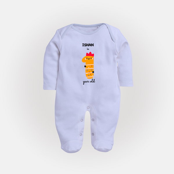 Milestone Full Sleeve Bodysuit/ Sleep Suit/ Jumpsuit for 1st Year | Soft Cotton Personalized Full Sleeve Bodysuit/ Sleep Suit/ Jumpsuit | Unisex Design - BABY BLUE - New Born (Chest 7.5")