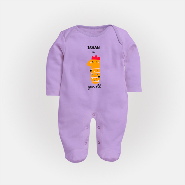 Milestone Full Sleeve Bodysuit/ Sleep Suit/ Jumpsuit for 1st Year | Soft Cotton Personalized Full Sleeve Bodysuit/ Sleep Suit/ Jumpsuit | Unisex Design - LILAC - New Born (Chest 7.5")