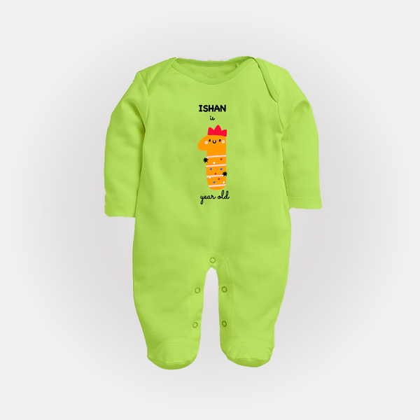 Milestone Full Sleeve Bodysuit/ Sleep Suit/ Jumpsuit for 1st Year | Soft Cotton Personalized Full Sleeve Bodysuit/ Sleep Suit/ Jumpsuit | Unisex Design - LIME GREEN - New Born (Chest 7.5")