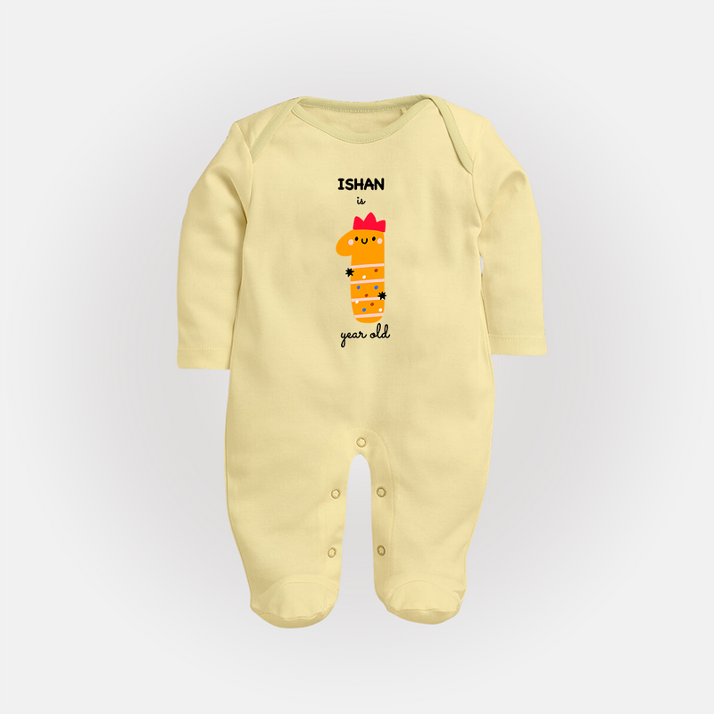 Milestone Full Sleeve Bodysuit/ Sleep Suit/ Jumpsuit for 1st Year | Soft Cotton Personalized Full Sleeve Bodysuit/ Sleep Suit/ Jumpsuit | Unisex Design - PASTEL YELLOW - New Born (Chest 7.5")
