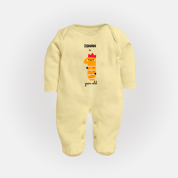 Milestone Full Sleeve Bodysuit/ Sleep Suit/ Jumpsuit for 1st Year | Soft Cotton Personalized Full Sleeve Bodysuit/ Sleep Suit/ Jumpsuit | Unisex Design - PASTEL YELLOW - New Born (Chest 7.5")