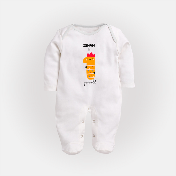 Milestone Full Sleeve Bodysuit/ Sleep Suit/ Jumpsuit for 1st Year | Soft Cotton Personalized Full Sleeve Bodysuit/ Sleep Suit/ Jumpsuit | Unisex Design - WHITE - New Born (Chest 7.5")