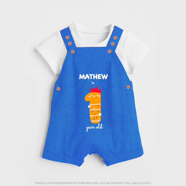 Milestone Dungaree Set for 1st Year | Soft Cotton Personalized Dungaree Set | Unisex Design - COBALT BLUE - 0 - 5 Months Old (Chest 18")