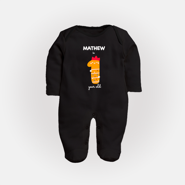 Milestone Full Sleeve Bodysuit/ Sleep Suit/ Jumpsuit for 1st Year | Soft Cotton Personalized Full Sleeve Bodysuit/ Sleep Suit/ Jumpsuit | Unisex Design - BLACK - New Born (Chest 7.5")