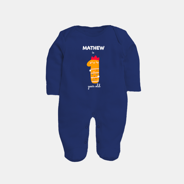 Milestone Full Sleeve Bodysuit/ Sleep Suit/ Jumpsuit for 1st Year | Soft Cotton Personalized Full Sleeve Bodysuit/ Sleep Suit/ Jumpsuit | Unisex Design - NAVY BLUE - New Born (Chest 7.5")