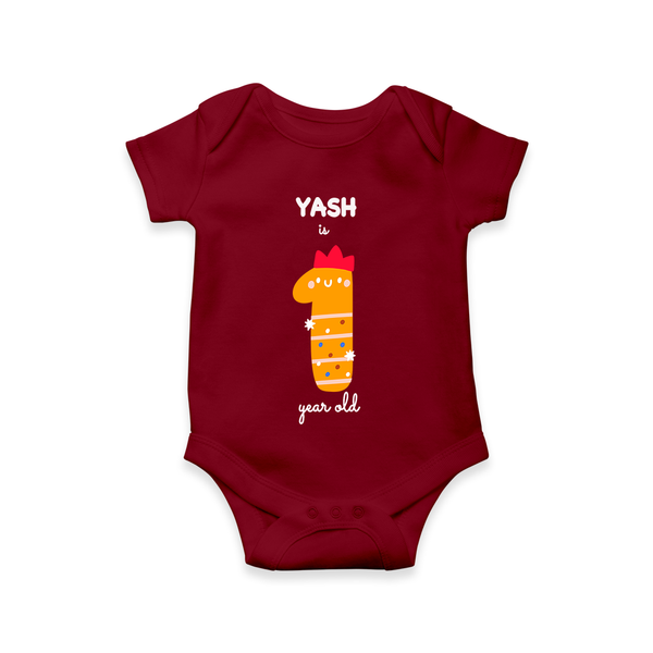 Celebrate The One year Birthday Custom Romper, Featuring with your Baby's name - MAROON - 0 - 3 Months Old (Chest 16")