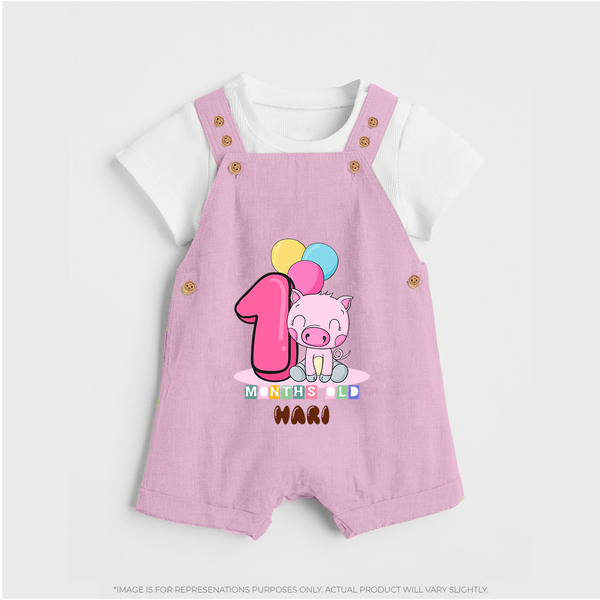 Custom Baby Dungaree Set for 1 Month Milestone | Soft Cotton Dungaree Set | Personalized Name Print - BABY PINK - 0 - 5 Months Old (Chest 18")