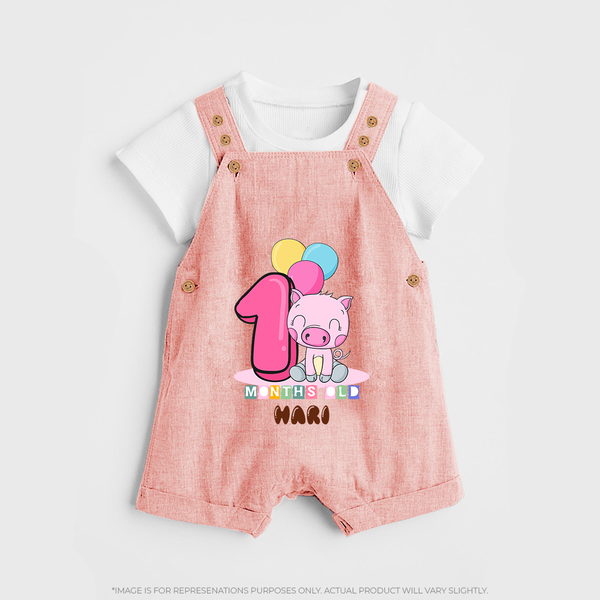 Custom Baby Dungaree Set for 1 Month Milestone | Soft Cotton Dungaree Set | Personalized Name Print - PEACH - 0 - 5 Months Old (Chest 18")