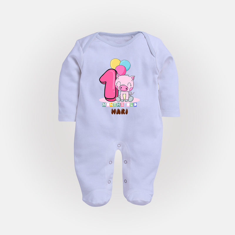Custom Baby Full Sleeve Bodysuit/ Sleep Suit/ Jumpsuit for 1 Month Milestone | Soft Cotton Full Sleeve Bodysuit/ Sleep Suit/ Jumpsuit | Personalized Name Print - BABY BLUE - New Born (Chest 7.5")