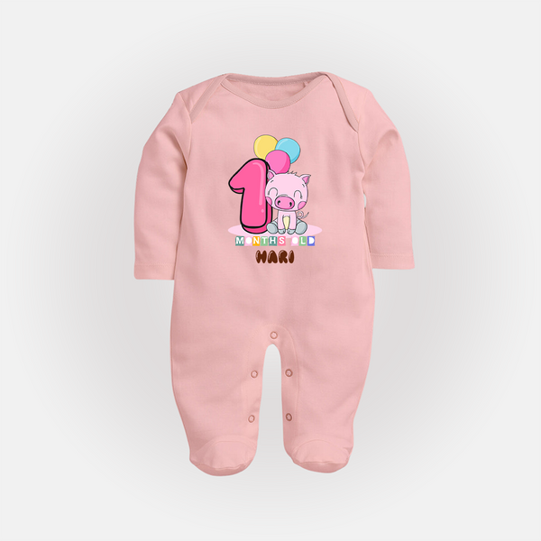 Custom Baby Full Sleeve Bodysuit/ Sleep Suit/ Jumpsuit for 1 Month Milestone | Soft Cotton Full Sleeve Bodysuit/ Sleep Suit/ Jumpsuit | Personalized Name Print - BABY PINK - New Born (Chest 7.5")