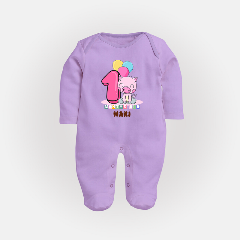Custom Baby Full Sleeve Bodysuit/ Sleep Suit/ Jumpsuit for 1 Month Milestone | Soft Cotton Full Sleeve Bodysuit/ Sleep Suit/ Jumpsuit | Personalized Name Print - LILAC - New Born (Chest 7.5")