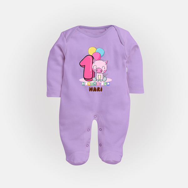 Custom Baby Full Sleeve Bodysuit/ Sleep Suit/ Jumpsuit for 1 Month Milestone | Soft Cotton Full Sleeve Bodysuit/ Sleep Suit/ Jumpsuit | Personalized Name Print - LILAC - New Born (Chest 7.5")