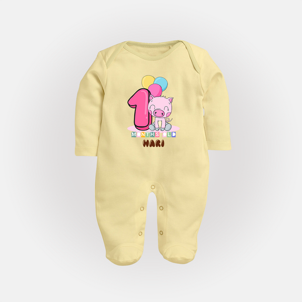 Custom Baby Full Sleeve Bodysuit/ Sleep Suit/ Jumpsuit for 1 Month Milestone | Soft Cotton Full Sleeve Bodysuit/ Sleep Suit/ Jumpsuit | Personalized Name Print - PASTEL YELLOW - New Born (Chest 7.5")