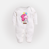 Custom Baby Full Sleeve Bodysuit/ Sleep Suit/ Jumpsuit for 1 Month Milestone | Soft Cotton Full Sleeve Bodysuit/ Sleep Suit/ Jumpsuit | Personalized Name Print - WHITE - New Born (Chest 7.5")