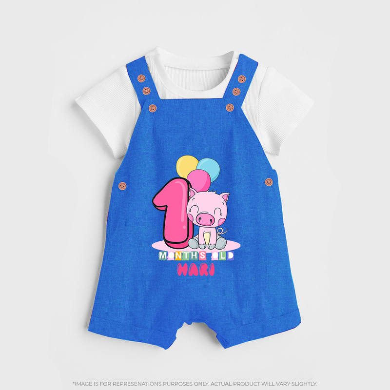 Custom Baby Dungaree Set for 1 Month Milestone | Soft Cotton Dungaree Set | Personalized Name Print - COBALT BLUE - 0 - 5 Months Old (Chest 18")