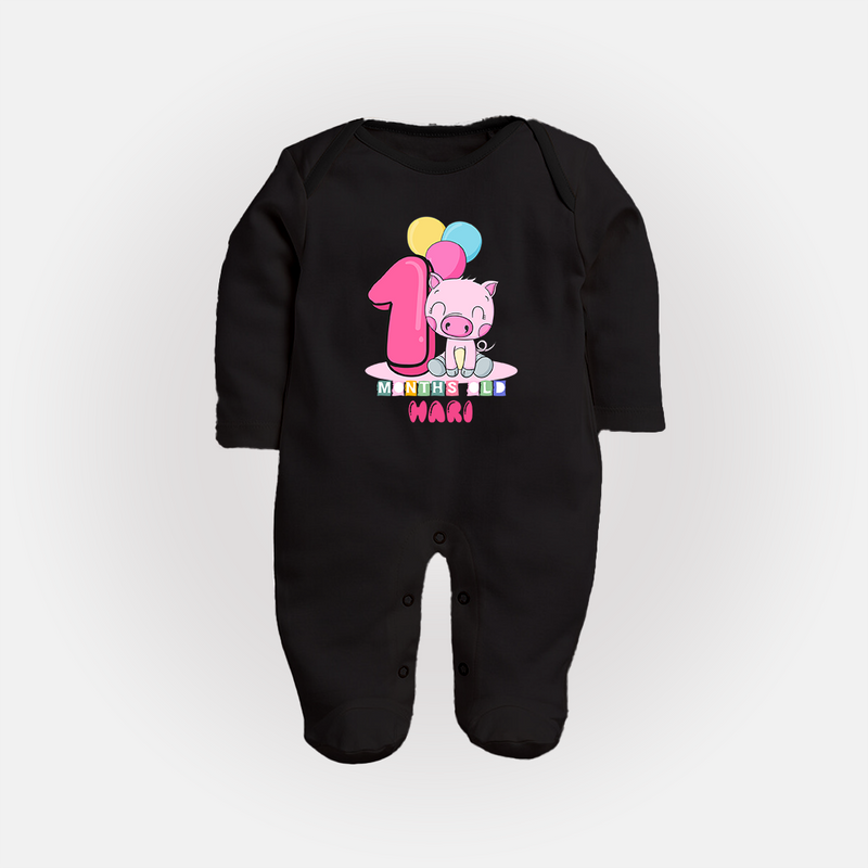 Custom Baby Full Sleeve Bodysuit/ Sleep Suit/ Jumpsuit for 1 Month Milestone | Soft Cotton Full Sleeve Bodysuit/ Sleep Suit/ Jumpsuit | Personalized Name Print - BLACK - New Born (Chest 7.5")