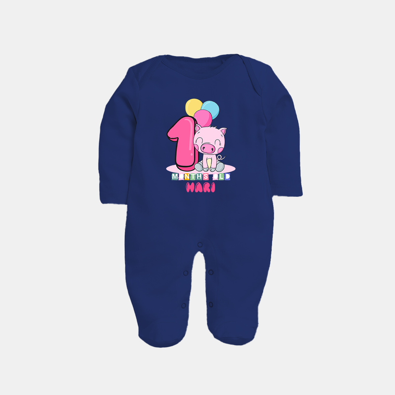 Custom Baby Full Sleeve Bodysuit/ Sleep Suit/ Jumpsuit for 1 Month Milestone | Soft Cotton Full Sleeve Bodysuit/ Sleep Suit/ Jumpsuit | Personalized Name Print - NAVY BLUE - New Born (Chest 7.5")