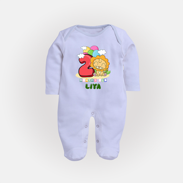 Custom Baby Full Sleeve Bodysuit/ Sleep Suit/ Jumpsuit for 2 Month Milestone | Soft Cotton Full Sleeve Bodysuit/ Sleep Suit/ Jumpsuit | Personalized Name Print - BABY BLUE - New Born (Chest 7.5")