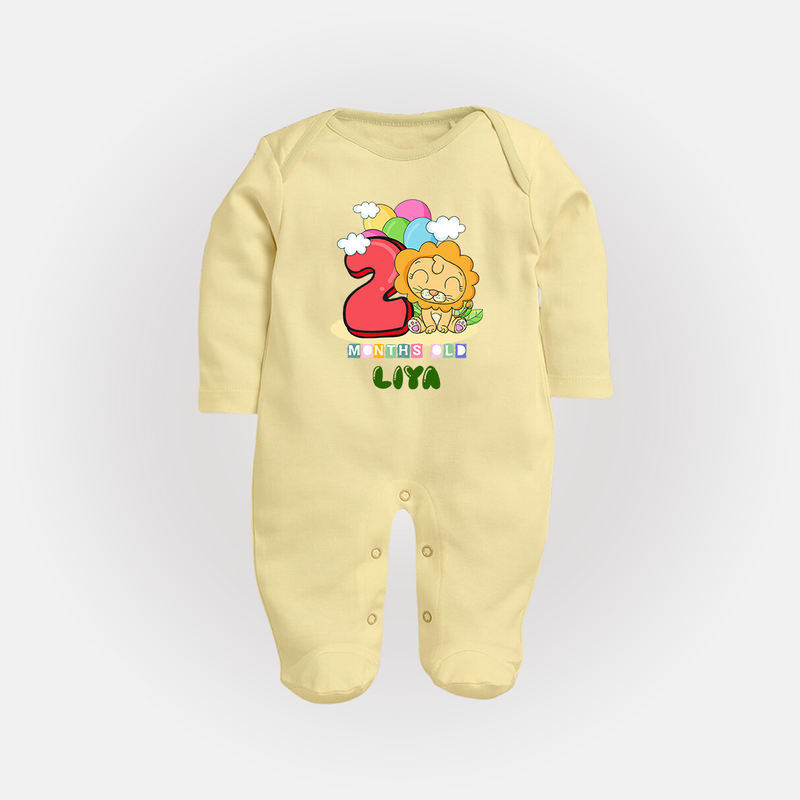 Custom Baby Full Sleeve Bodysuit/ Sleep Suit/ Jumpsuit for 2 Month Milestone | Soft Cotton Full Sleeve Bodysuit/ Sleep Suit/ Jumpsuit | Personalized Name Print - PASTEL YELLOW - New Born (Chest 7.5")