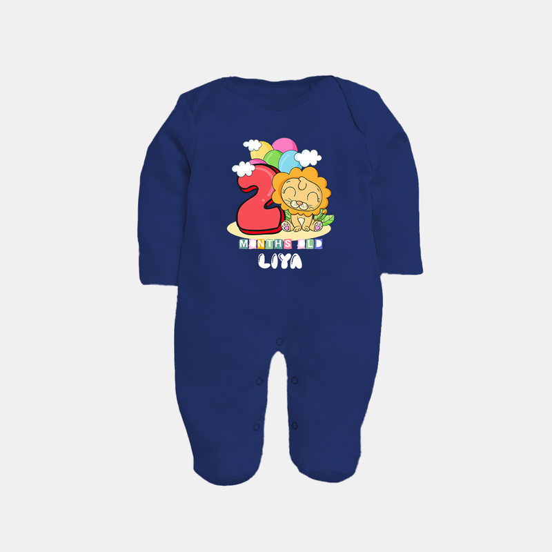 Custom Baby Full Sleeve Bodysuit/ Sleep Suit/ Jumpsuit for 2 Month Milestone | Soft Cotton Full Sleeve Bodysuit/ Sleep Suit/ Jumpsuit | Personalized Name Print - NAVY BLUE - New Born (Chest 7.5")