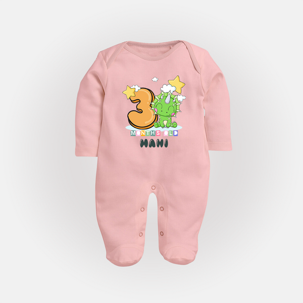 Custom Baby Full Sleeve Bodysuit/ Sleep Suit/ Jumpsuit for 3 Month Milestone | Soft Cotton Full Sleeve Bodysuit/ Sleep Suit/ Jumpsuit | Personalized Name Print - BABY PINK - New Born (Chest 7.5")