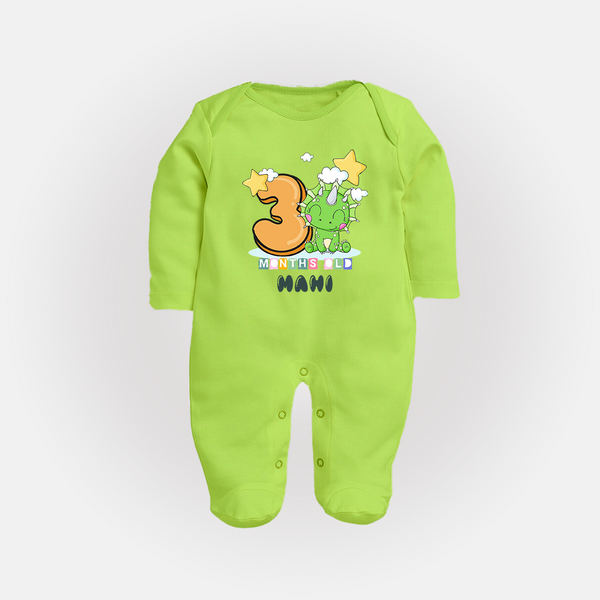 Custom Baby Full Sleeve Bodysuit/ Sleep Suit/ Jumpsuit for 3 Month Milestone | Soft Cotton Full Sleeve Bodysuit/ Sleep Suit/ Jumpsuit | Personalized Name Print - LIME GREEN - New Born (Chest 7.5")