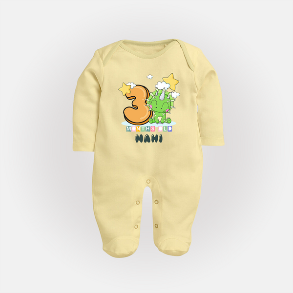 Custom Baby Full Sleeve Bodysuit/ Sleep Suit/ Jumpsuit for 3 Month Milestone | Soft Cotton Full Sleeve Bodysuit/ Sleep Suit/ Jumpsuit | Personalized Name Print - PASTEL YELLOW - New Born (Chest 7.5")
