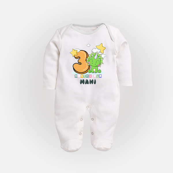 Custom Baby Full Sleeve Bodysuit/ Sleep Suit/ Jumpsuit for 3 Month Milestone | Soft Cotton Full Sleeve Bodysuit/ Sleep Suit/ Jumpsuit | Personalized Name Print - WHITE - New Born (Chest 7.5")
