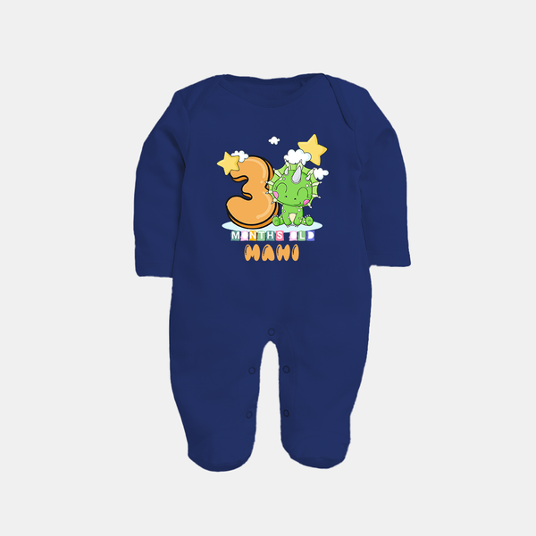Custom Baby Full Sleeve Bodysuit/ Sleep Suit/ Jumpsuit for 3 Month Milestone | Soft Cotton Full Sleeve Bodysuit/ Sleep Suit/ Jumpsuit | Personalized Name Print - NAVY BLUE - New Born (Chest 7.5")