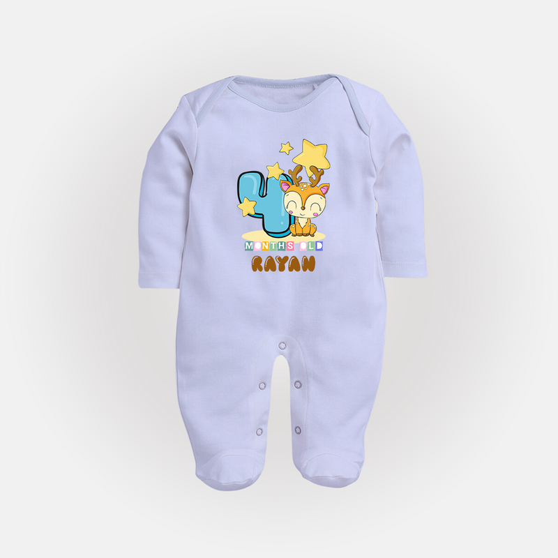 Custom Baby Full Sleeve Bodysuit/ Sleep Suit/ Jumpsuit for 4 Month Milestone | Soft Cotton Full Sleeve Bodysuit/ Sleep Suit/ Jumpsuit | Personalized Name Print - BABY BLUE - New Born (Chest 7.5")