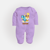 Custom Baby Full Sleeve Bodysuit/ Sleep Suit/ Jumpsuit for 4 Month Milestone | Soft Cotton Full Sleeve Bodysuit/ Sleep Suit/ Jumpsuit | Personalized Name Print - LILAC - New Born (Chest 7.5")