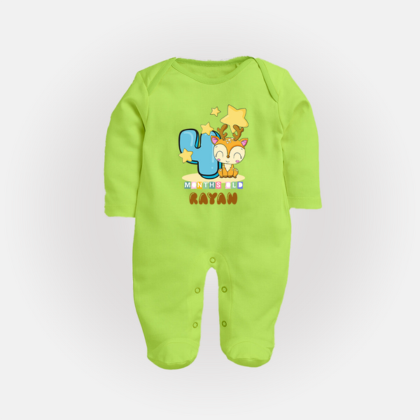 Custom Baby Full Sleeve Bodysuit/ Sleep Suit/ Jumpsuit for 4 Month Milestone | Soft Cotton Full Sleeve Bodysuit/ Sleep Suit/ Jumpsuit | Personalized Name Print - LIME GREEN - New Born (Chest 7.5")