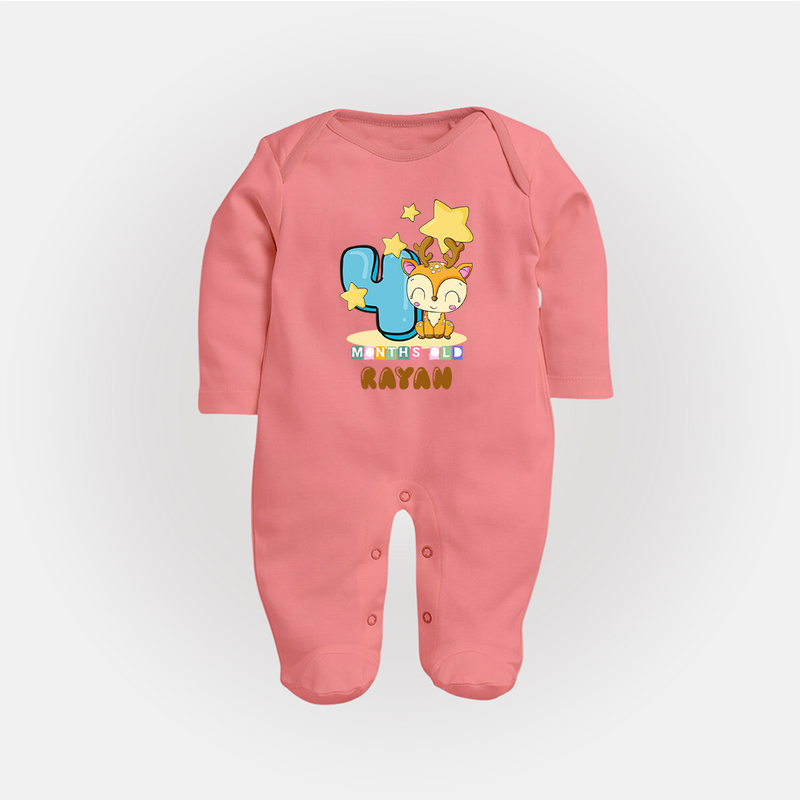 Custom Baby Full Sleeve Bodysuit/ Sleep Suit/ Jumpsuit for 4 Month Milestone | Soft Cotton Full Sleeve Bodysuit/ Sleep Suit/ Jumpsuit | Personalized Name Print - PEACH - New Born (Chest 7.5")