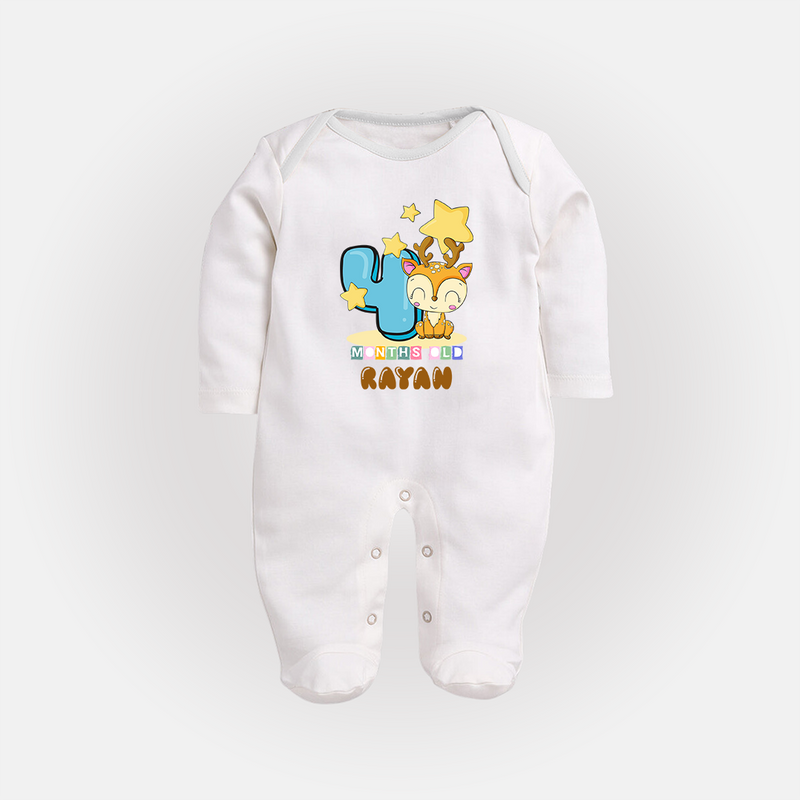 Custom Baby Full Sleeve Bodysuit/ Sleep Suit/ Jumpsuit for 4 Month Milestone | Soft Cotton Full Sleeve Bodysuit/ Sleep Suit/ Jumpsuit | Personalized Name Print - WHITE - New Born (Chest 7.5")