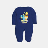 Custom Baby Full Sleeve Bodysuit/ Sleep Suit/ Jumpsuit for 4 Month Milestone | Soft Cotton Full Sleeve Bodysuit/ Sleep Suit/ Jumpsuit | Personalized Name Print - NAVY BLUE - New Born (Chest 7.5")