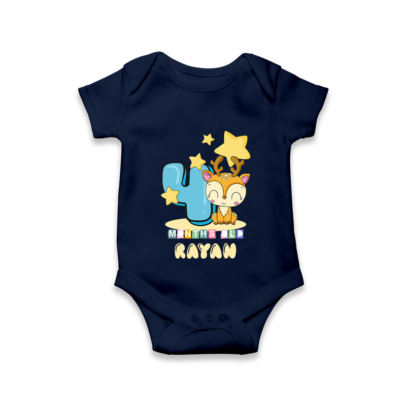 Custom Baby Romper/Onesie for 4 Month Milestone | Soft Cotton Bodysuit | Personalized Name Print - NAVY BLUE - New Born (Chest 14")