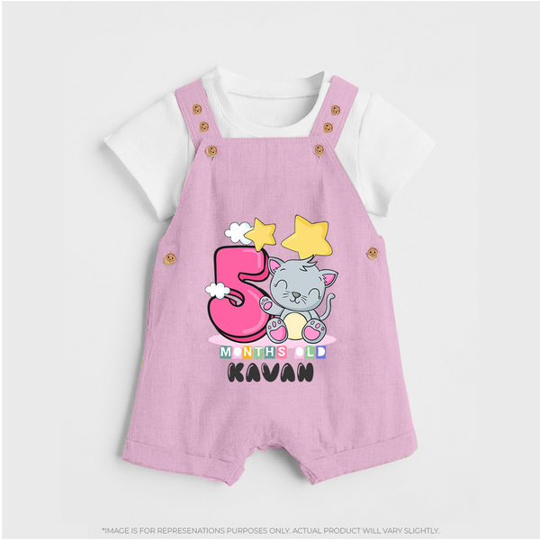 Custom Baby Dungaree Set for 5 Month Milestone | Soft Cotton Dungaree Set | Personalized Name Print - BABY PINK - 0 - 5 Months Old (Chest 18")
