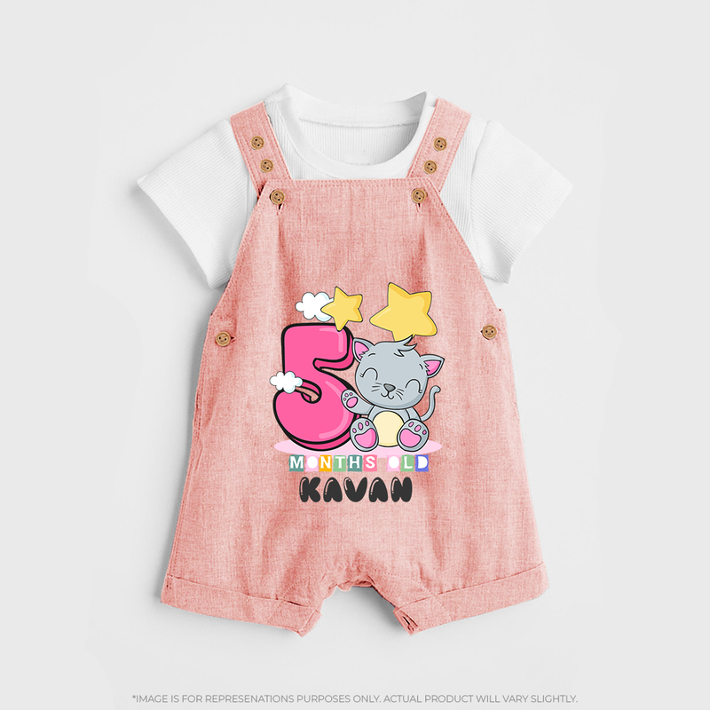 Custom Baby Dungaree Set for 5 Month Milestone | Soft Cotton Dungaree Set | Personalized Name Print - PEACH - 0 - 5 Months Old (Chest 18")