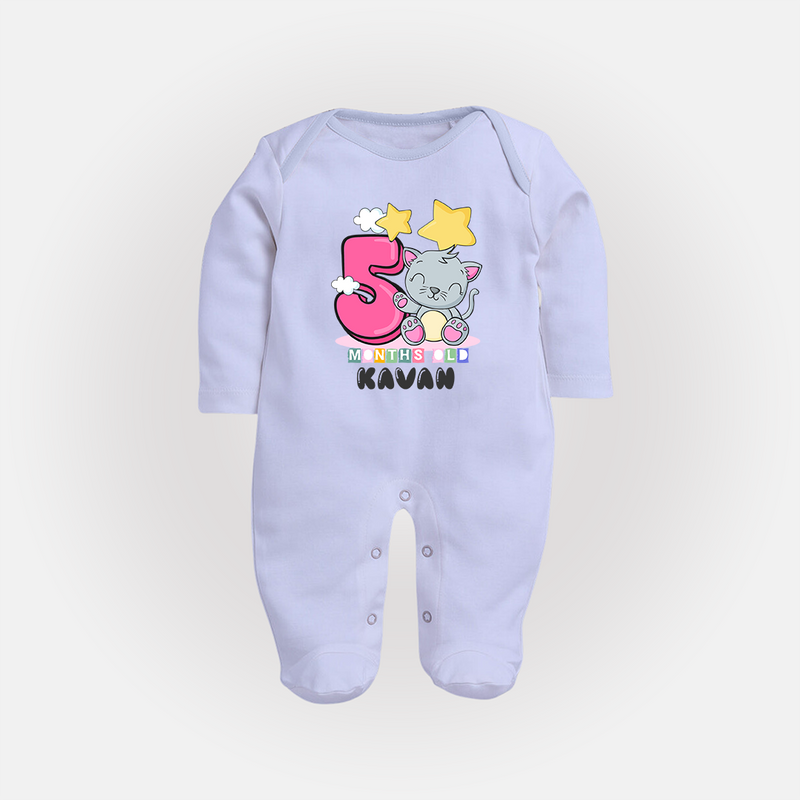 Custom Baby Full Sleeve Bodysuit/ Sleep Suit/ Jumpsuit for 5 Month Milestone | Soft Cotton Full Sleeve Bodysuit/ Sleep Suit/ Jumpsuit | Personalized Name Print - BABY BLUE - New Born (Chest 7.5")