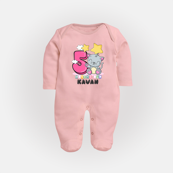 Custom Baby Full Sleeve Bodysuit/ Sleep Suit/ Jumpsuit for 5 Month Milestone | Soft Cotton Full Sleeve Bodysuit/ Sleep Suit/ Jumpsuit | Personalized Name Print - BABY PINK - New Born (Chest 7.5")