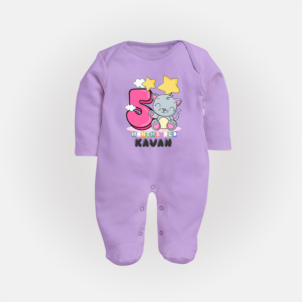 Custom Baby Full Sleeve Bodysuit/ Sleep Suit/ Jumpsuit for 5 Month Milestone | Soft Cotton Full Sleeve Bodysuit/ Sleep Suit/ Jumpsuit | Personalized Name Print - LILAC - New Born (Chest 7.5")