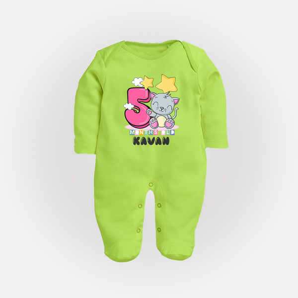 Custom Baby Full Sleeve Bodysuit/ Sleep Suit/ Jumpsuit for 5 Month Milestone | Soft Cotton Full Sleeve Bodysuit/ Sleep Suit/ Jumpsuit | Personalized Name Print - LIME GREEN - New Born (Chest 7.5")