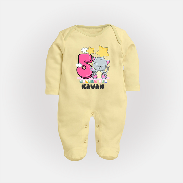 Custom Baby Full Sleeve Bodysuit/ Sleep Suit/ Jumpsuit for 5 Month Milestone | Soft Cotton Full Sleeve Bodysuit/ Sleep Suit/ Jumpsuit | Personalized Name Print - PASTEL YELLOW - New Born (Chest 7.5")