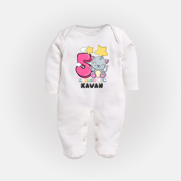Custom Baby Full Sleeve Bodysuit/ Sleep Suit/ Jumpsuit for 5 Month Milestone | Soft Cotton Full Sleeve Bodysuit/ Sleep Suit/ Jumpsuit | Personalized Name Print - WHITE - New Born (Chest 7.5")