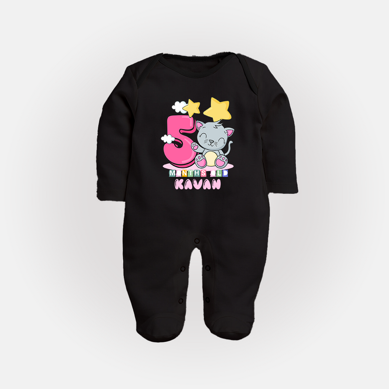 Custom Baby Full Sleeve Bodysuit/ Sleep Suit/ Jumpsuit for 5 Month Milestone | Soft Cotton Full Sleeve Bodysuit/ Sleep Suit/ Jumpsuit | Personalized Name Print - BLACK - New Born (Chest 7.5")