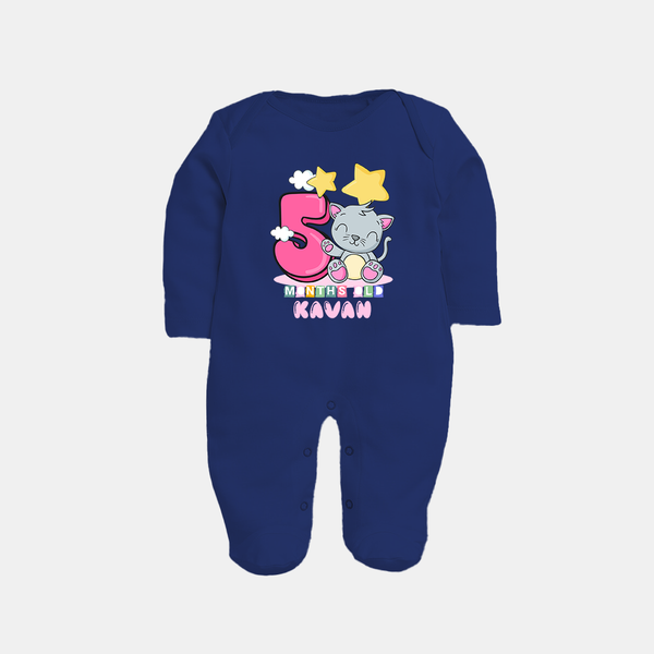 Custom Baby Full Sleeve Bodysuit/ Sleep Suit/ Jumpsuit for 5 Month Milestone | Soft Cotton Full Sleeve Bodysuit/ Sleep Suit/ Jumpsuit | Personalized Name Print - NAVY BLUE - New Born (Chest 7.5")