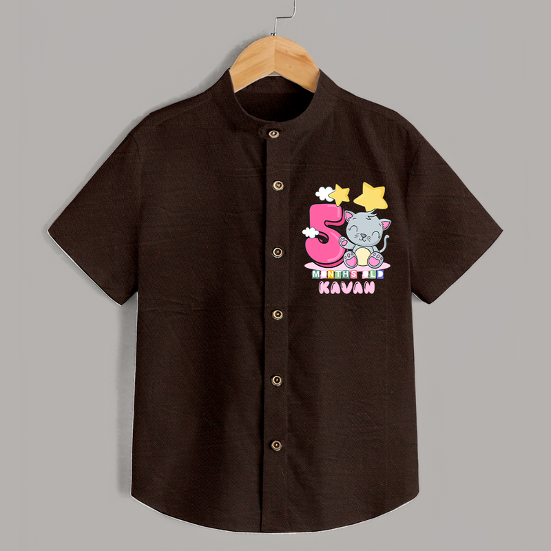 Custom Baby Shirt for 5 Month Milestone | Soft Cotton Shirt | Personalized Name Print - CHOCOLATE BROWN - 0 - 6 Months Old (Chest 23")